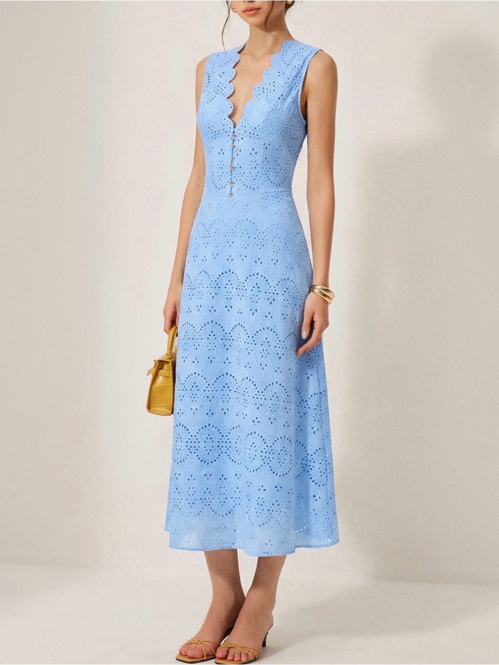 Commense Sky Blue Eyelet Scallop Midi Dress size S